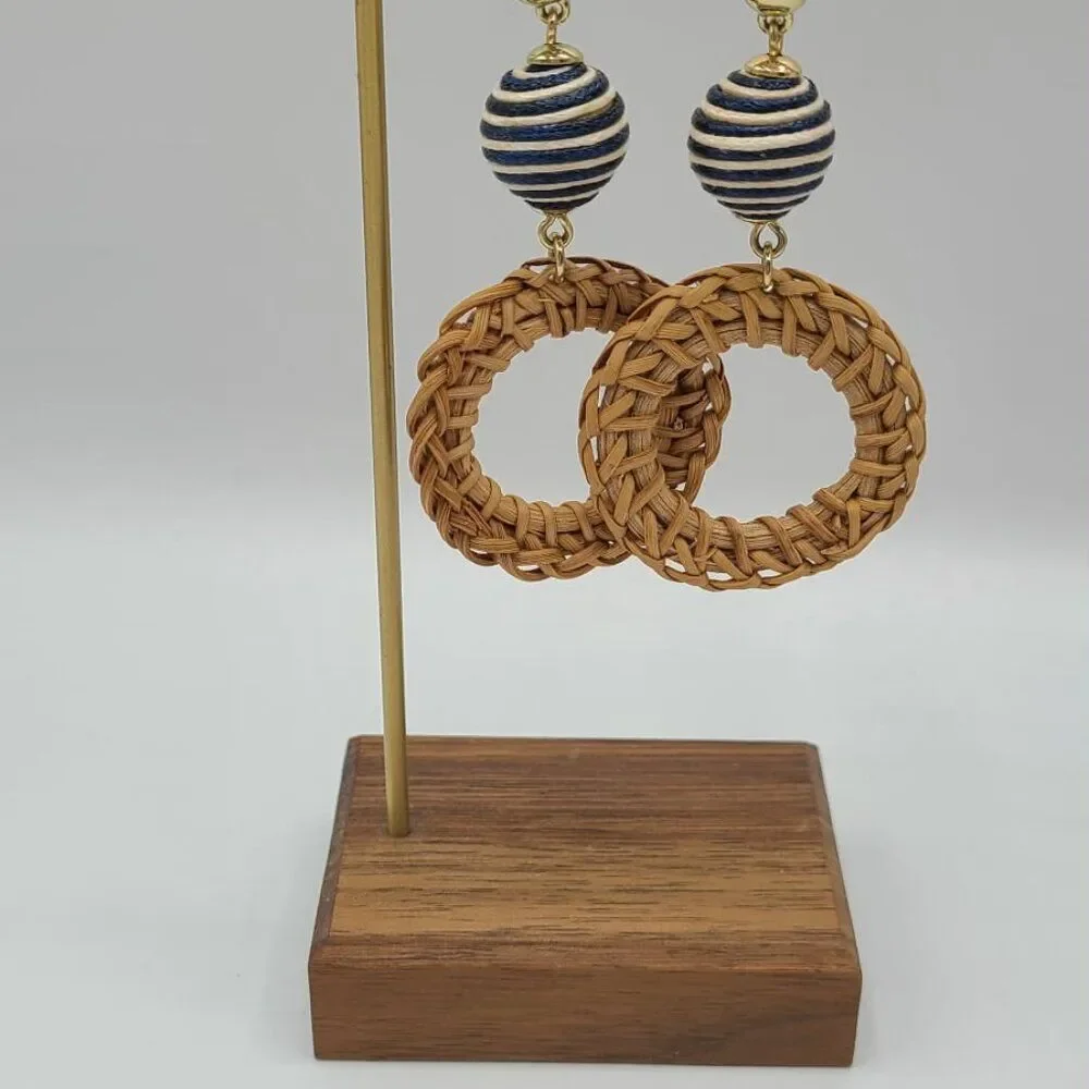 J Crew Rattan Circle Earrings with Blue White Beads Studs